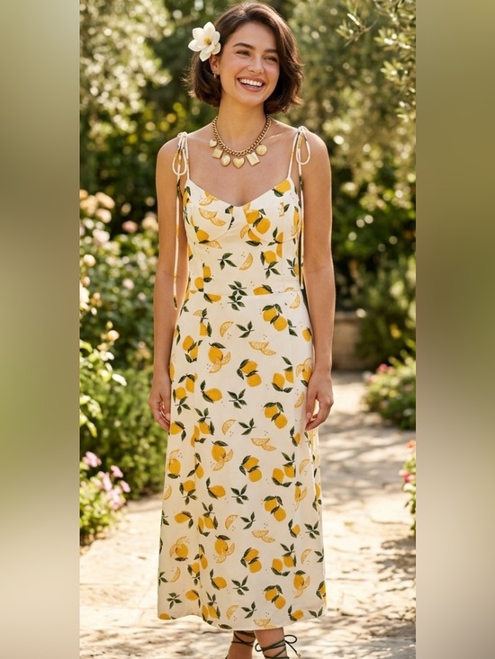 OMI+S Dresses & Skirts - OMi+S Coquette Lemon Print Spaghetti Tie Strap Midi Dress Size M
